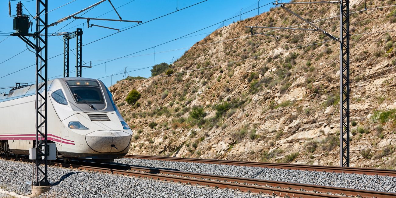 High speed train. Railway. Renewable energy transport technology. Spain